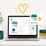 Laptop showing suspended Google Business Profile being reinstated in branded teal and gold workspace illustration